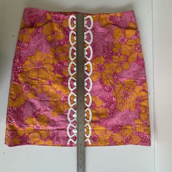Lilly Pulitzer Skirt 6 Pink/Orange Cotton Elephant Hibiscus 18" Grannycore Beach - Picture 10 of 13